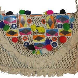 Circus By Sam Edelman Boho Fringe Crossbody Bag With Colorful Pom-Poms & Mirror